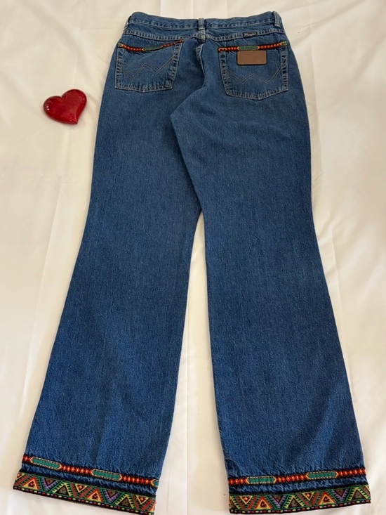 Wrangler 80’s Vintage Western Jeans Aztec Trim HR Made USA 🇺🇸 Boho Festival 5x32 - Picture 2 of 16